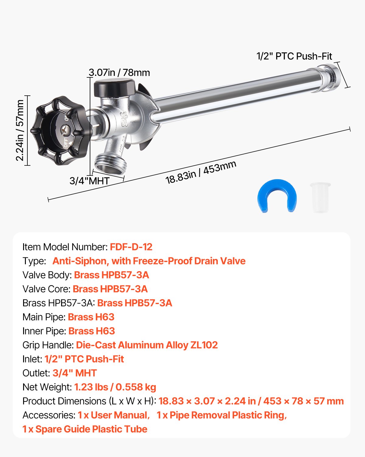 VEVOR 12-Inch Frost-Free Sillcock, 1/2" PTC x 3/4" MHT Hose Bibb, Anti-Siphon Lead-Free Brass Valve, Push-to-Connect Brass Plumbing Fitting, Compatible with PEX, Copper, CPVC Pipes
