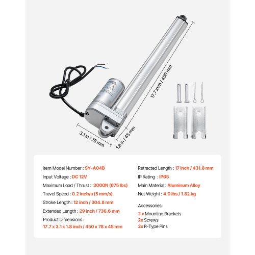 VEVOR 12V Linear Actuator 12 Inch IP65 Waterproof 675lbs Load 0.2 In/s Speed with Mounting Bracket for Outdoor Use