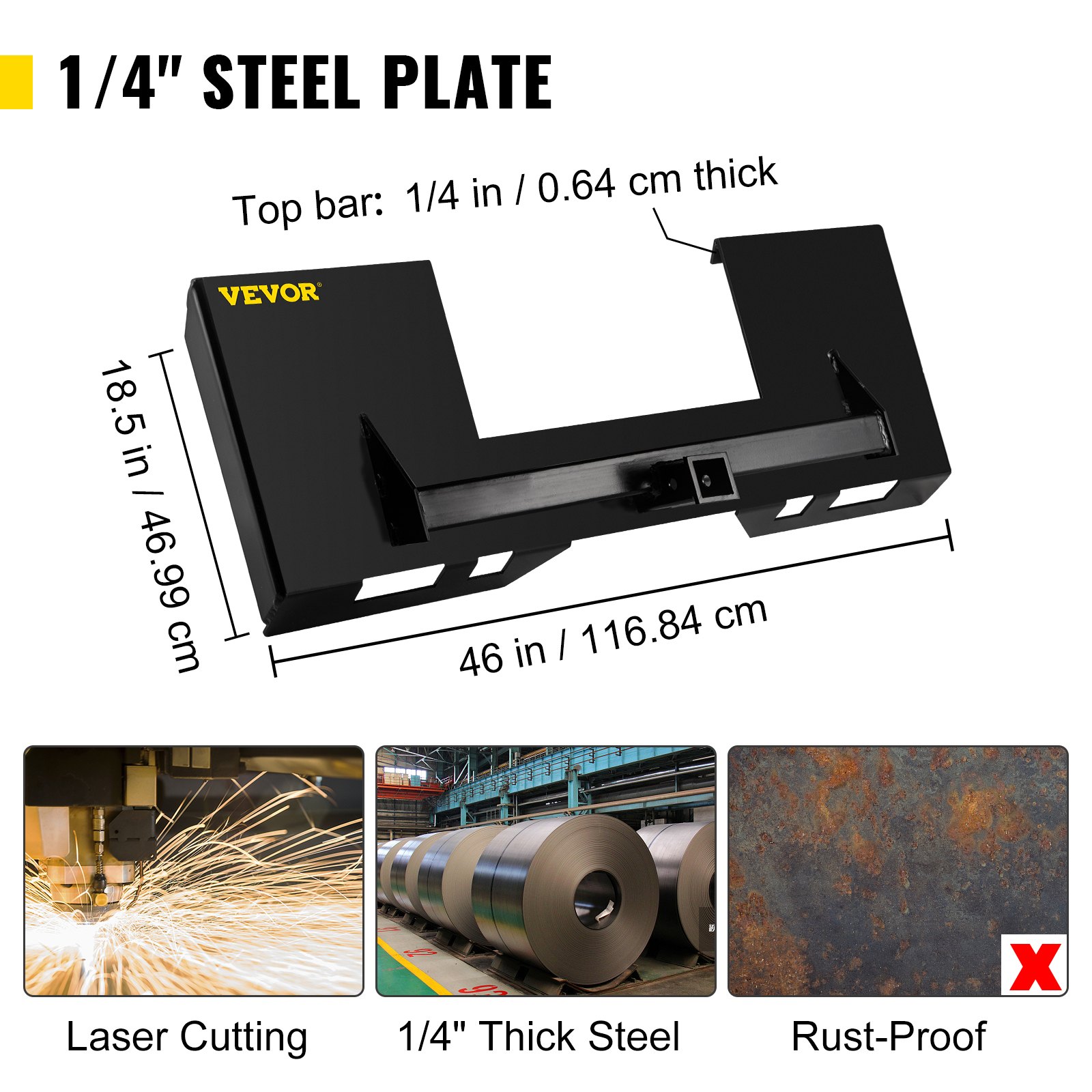 Placa de montaje universal VEVOR para minicargadora de 1/4" de grosor, capacidad de peso de 3000 lb, placa de montaje de conexión rápida, adaptador de acero, cargador, fácil de soldar o atornillar a diferentes accesorios, color negro.
