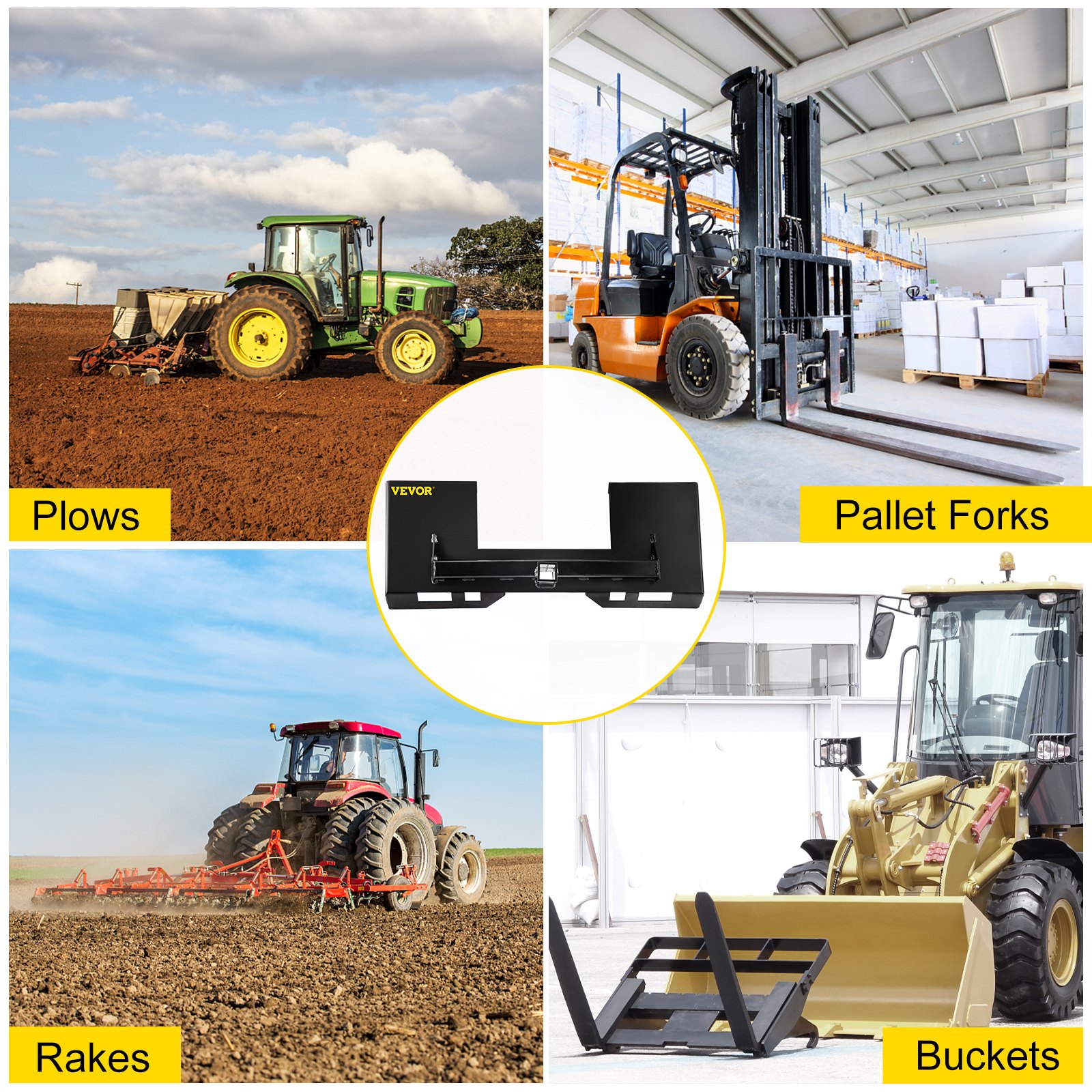 Placa de montaje universal VEVOR para minicargadora de 1/4" de grosor, capacidad de peso de 3000 lb, placa de montaje de conexión rápida, adaptador de acero, cargador, fácil de soldar o atornillar a diferentes accesorios, color negro.