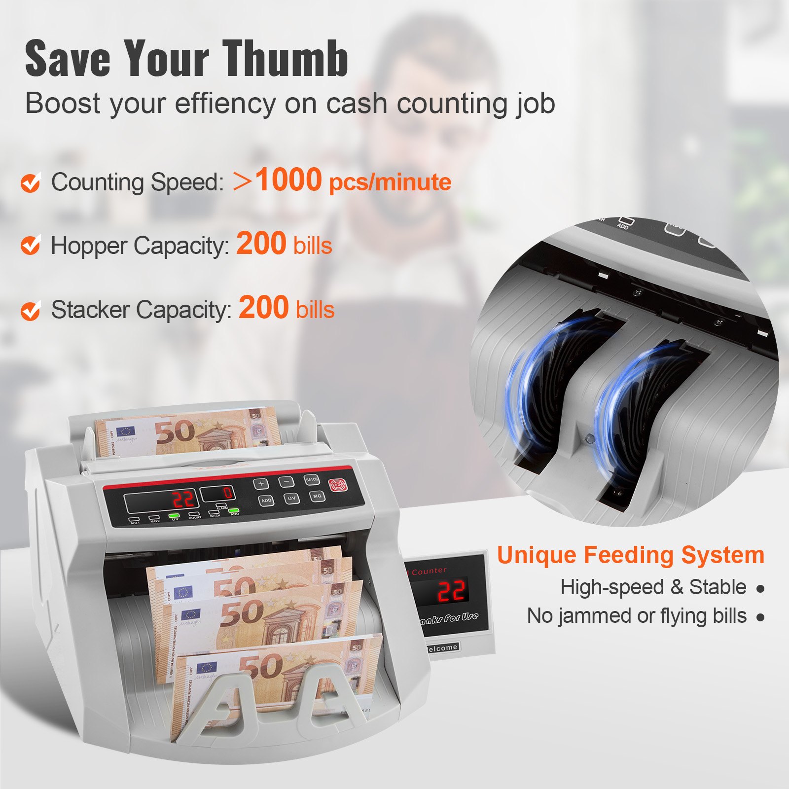 Digital Cash Counter Banknote Money Detector UV MG Counterfeit Detection with LED Display for Bank Retail Store