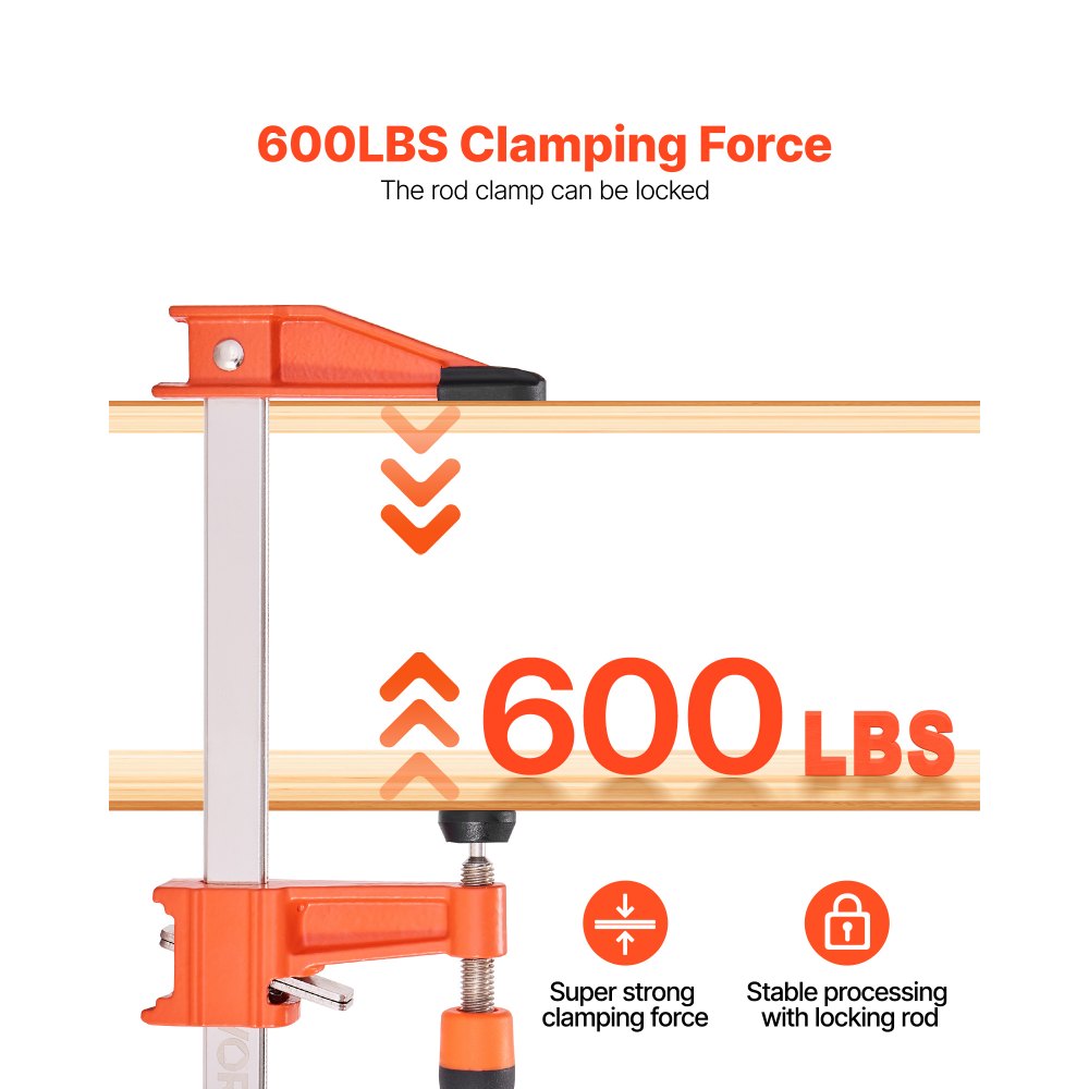 VEVOR Bar Clamps for Woodworking, 2-Pack 610 mm Opening, Lockable F-Clamp with 272 kg Load Limit, 63.5 mm Depth, Cast Iron and Carbon Steel, Easy to Use, Wood Clamps for Woodworking Metal Working