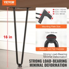 VEVOR 16" Hairpin Furniture Legs, Metal Home DIY Projects for Nightstand, Coffee Table, Desk, 500lbs Load Capacity with Rubber Floor Protectors, Metal Heavy Duty Sturdy Modern Table Legs, 4PCS Black
