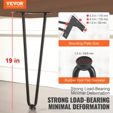 VEVOR 19" Hairpin Furniture Legs, Metal Home DIY Projects for Nightstand, Coffee Table, Desk, 500lbs Load Capacity with Rubber Floor Protectors, Metal Heavy Duty Sturdy Modern Table Legs, 4PCS Black
