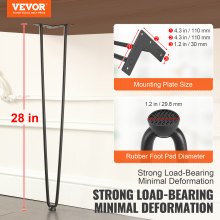 VEVOR 28" Hairpin Furniture Legs, Metal Home DIY Projects for Nightstand, Coffee Table, Desk, 500lbs Load Capacity with Rubber Floor Protectors, Metal Heavy Duty Sturdy Modern Table Legs, 4PCS Black