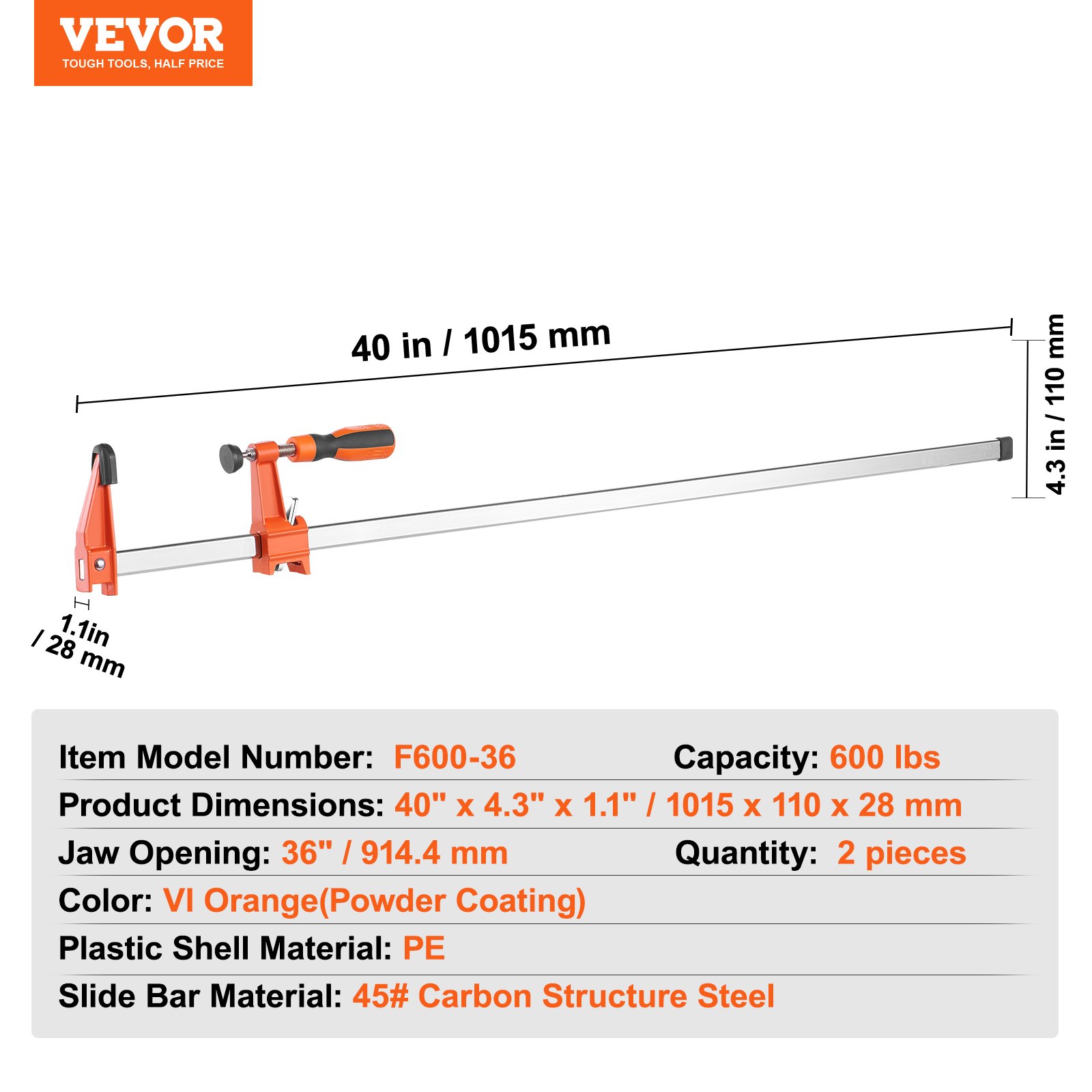 VEVOR Bar Clamps for Woodworking, 2-Pack 36" Clamp, Quick-Change F Clamp with 600 lbs Load Limit, 2.5" Throat Depth, Cast Iron and Carbon Steel, Wood Clamps for Woodworking Metal Working