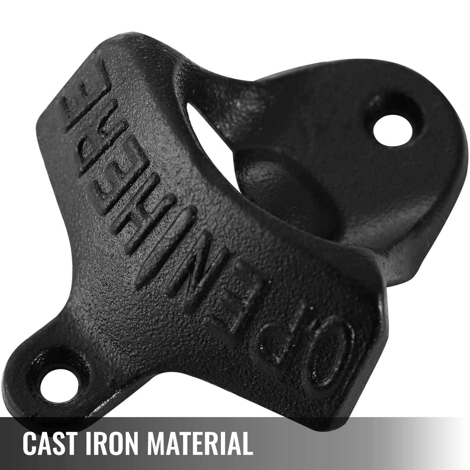 VEVOR cast iron bottle opener, close-up with &quot;open here&quot; text. cast iron material.