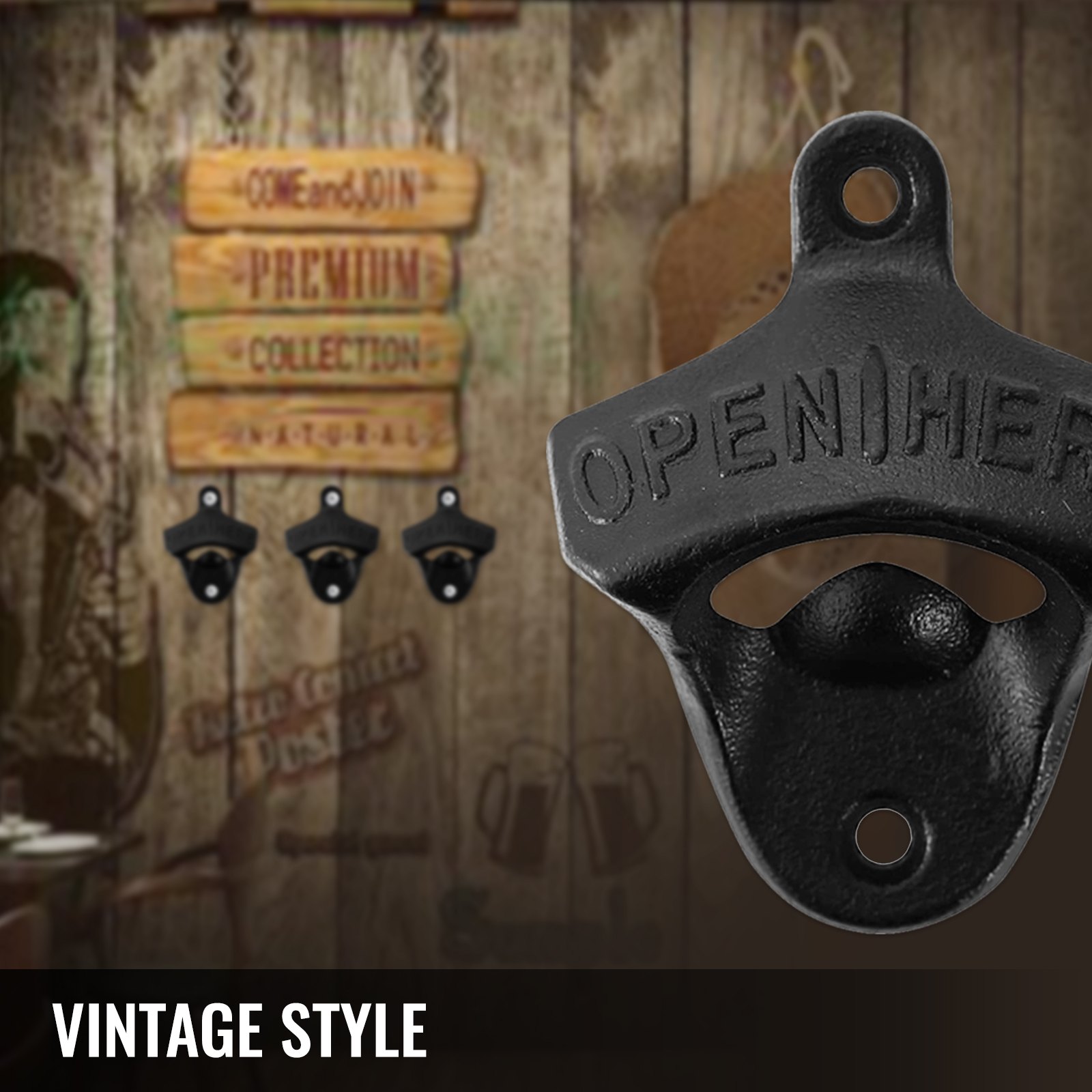 VEVOR cast iron bottle opener against rustic wooden background with vintage signs.