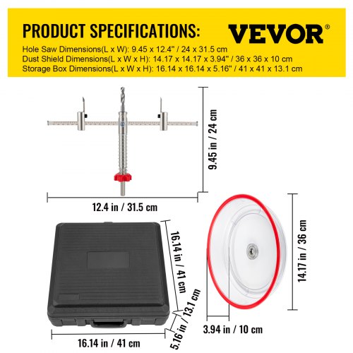 VEVOR Adjustable Hole Saw Cutter Kit, 1-5/8\" to 11-13 /16\" (40-300 mm), Recessed Hole Saw with PC Dust Shield, Two Replaceable Pilot Drill Bits, for Recessed Lights, Ceiling Speakers, Vent Holes