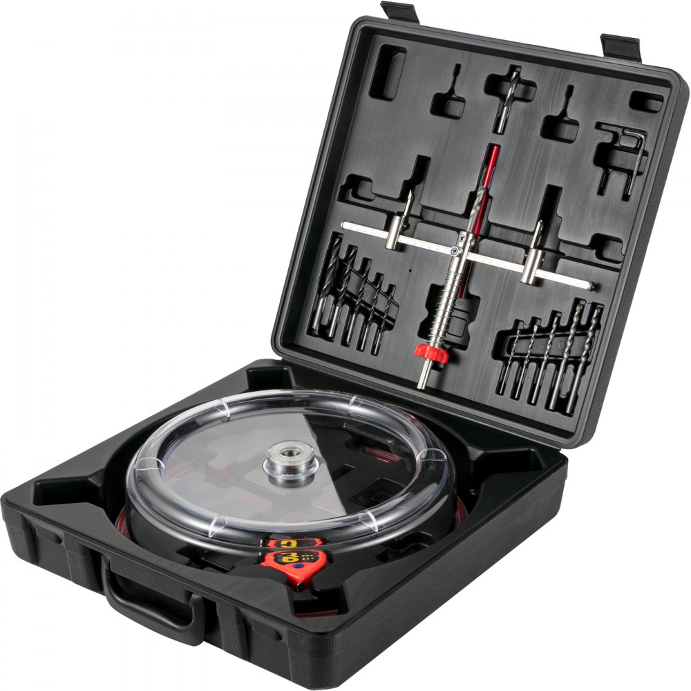 VEVOR hole saw cutter kit in a black plastic case with various drill bits and components neatly organized.
