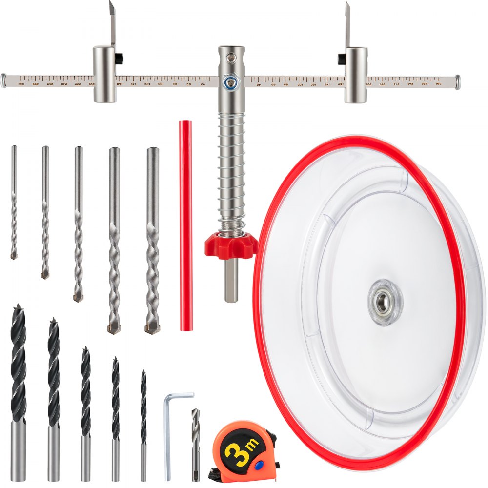 VEVOR hole saw cutter kit featuring various drill bits, a measuring tape, and a clear dust shield.