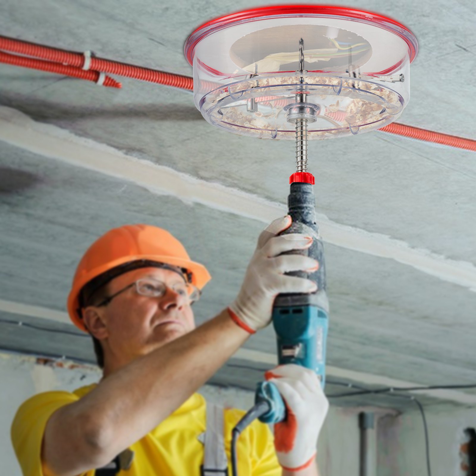 worker using VEVOR hole saw cutter kit to drill ceiling with electric drill, wearing yellow safety gear.