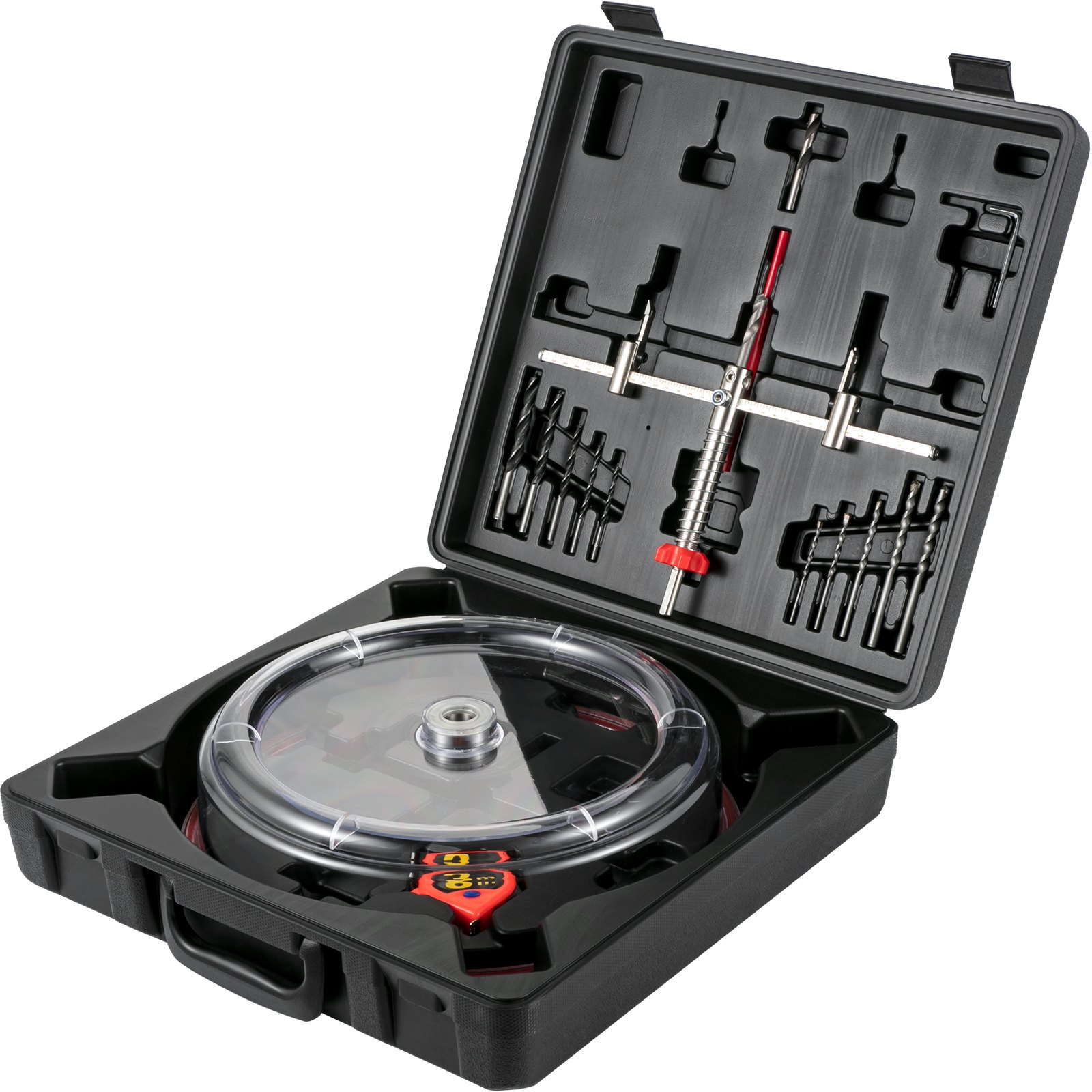 VEVOR hole saw cutter kit in a black plastic case with various drill bits and components neatly organized.