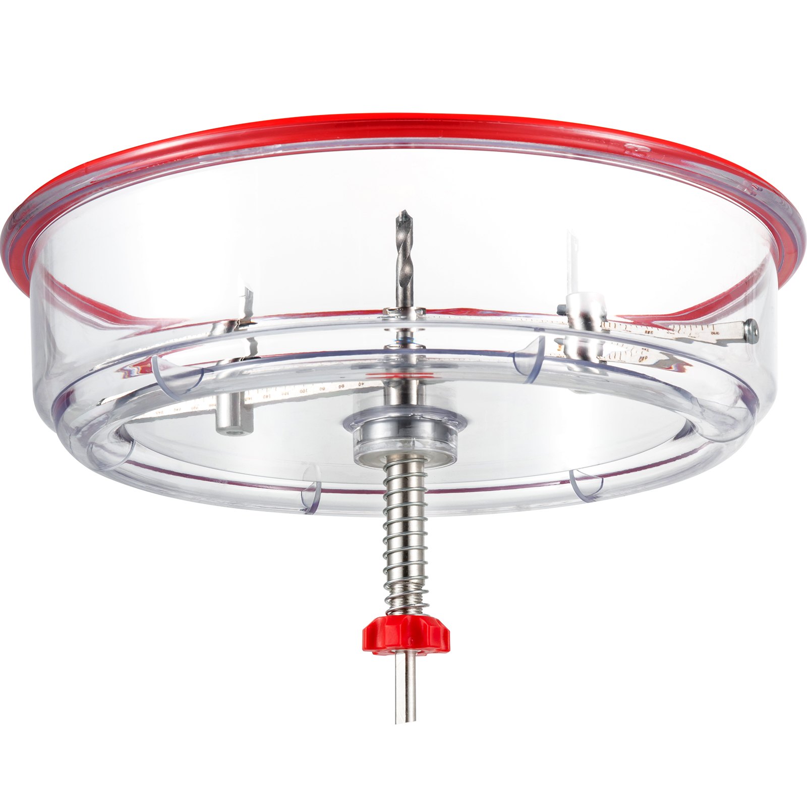 VEVOR hole saw cutter kit with transparent shield, red circular rim, and spring-loaded base.