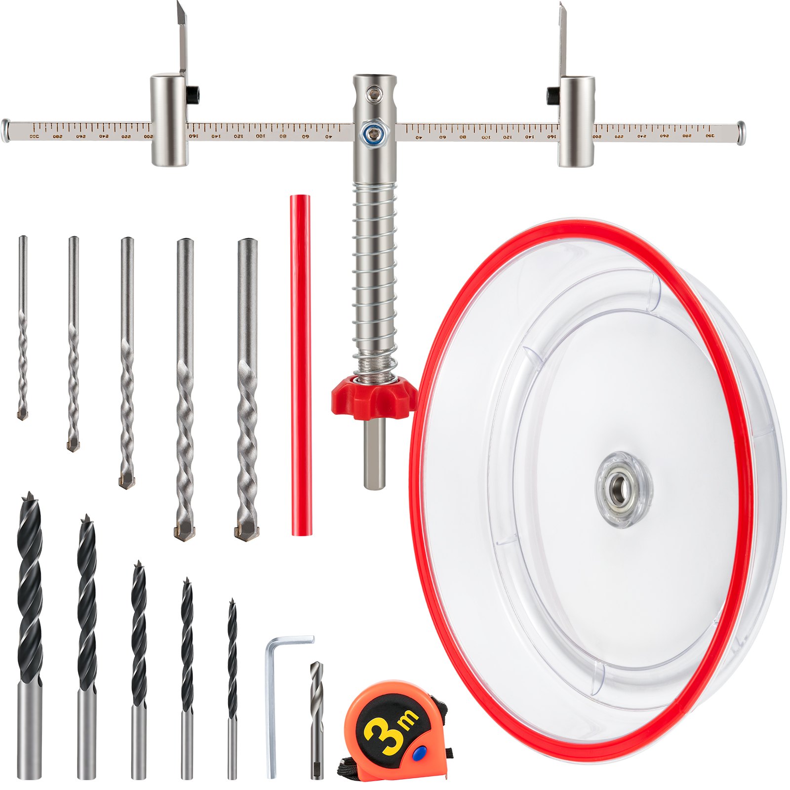 VEVOR hole saw cutter kit featuring various drill bits, a measuring tape, and a clear dust shield.