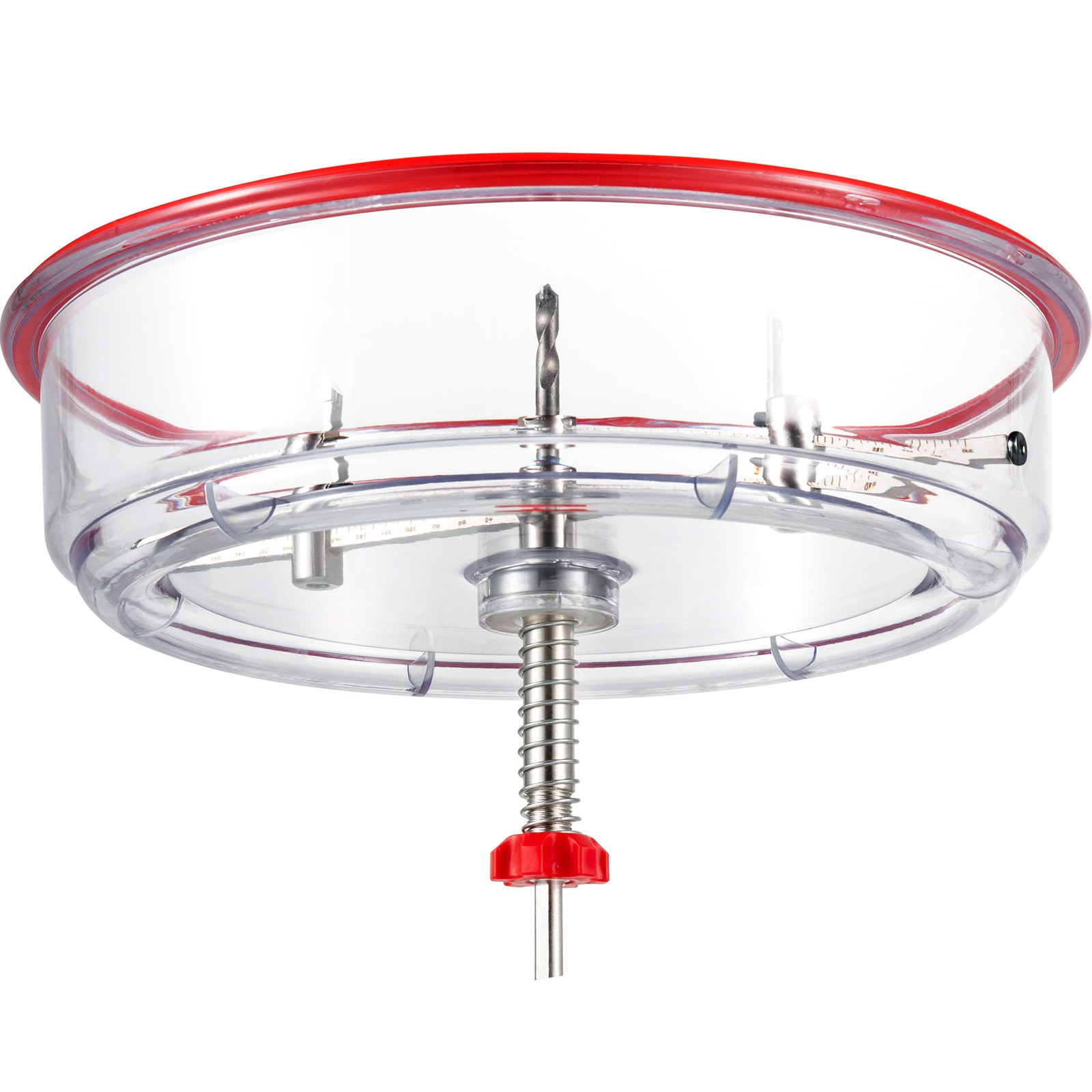 transparent VEVOR hole saw cutter kit with red accents and a central drill bit.