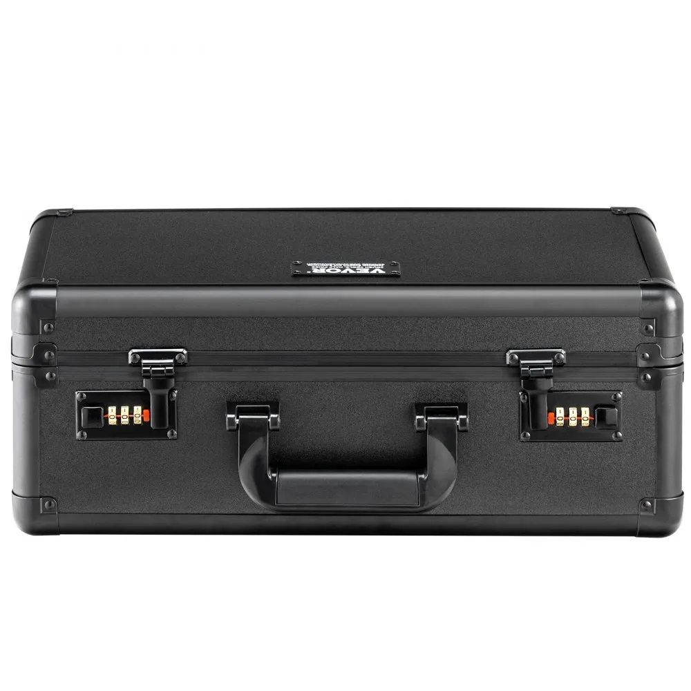 black VEVOR card storage box with dual combination locks and a sturdy handle.