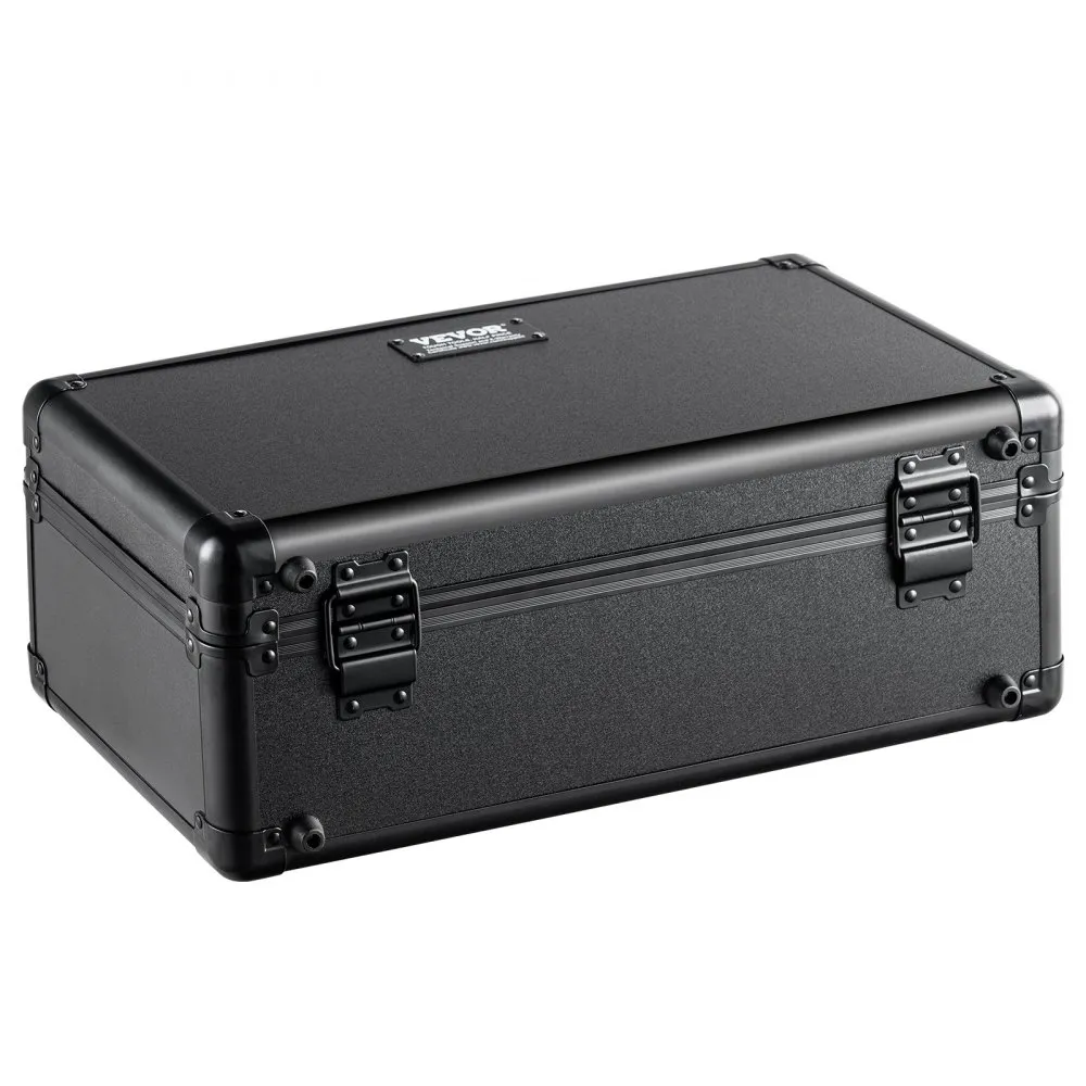 black VEVOR card storage box with reinforced corners and secure metal latches.