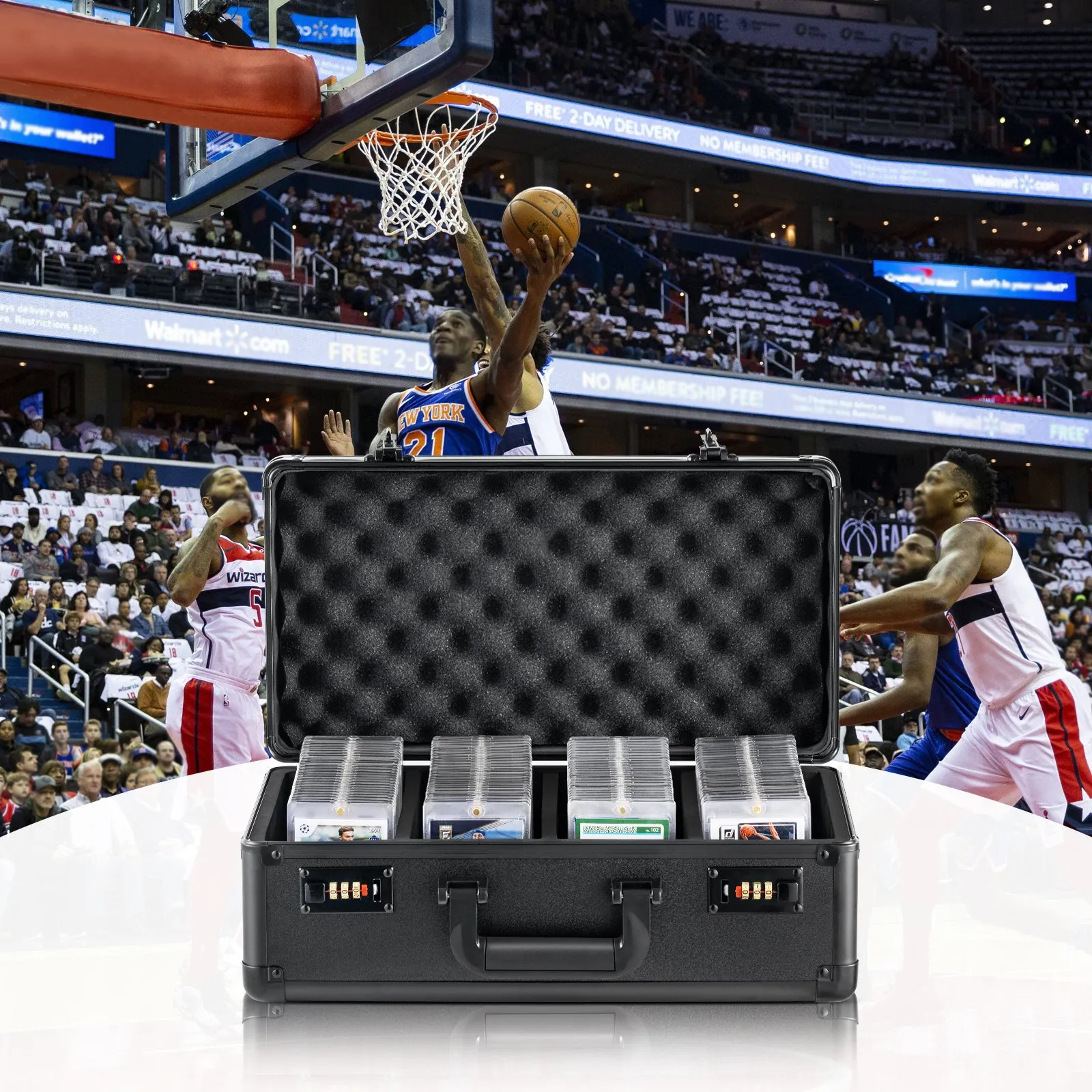 VEVOR card storage box with sports cards in a black protective case at a basketball game.