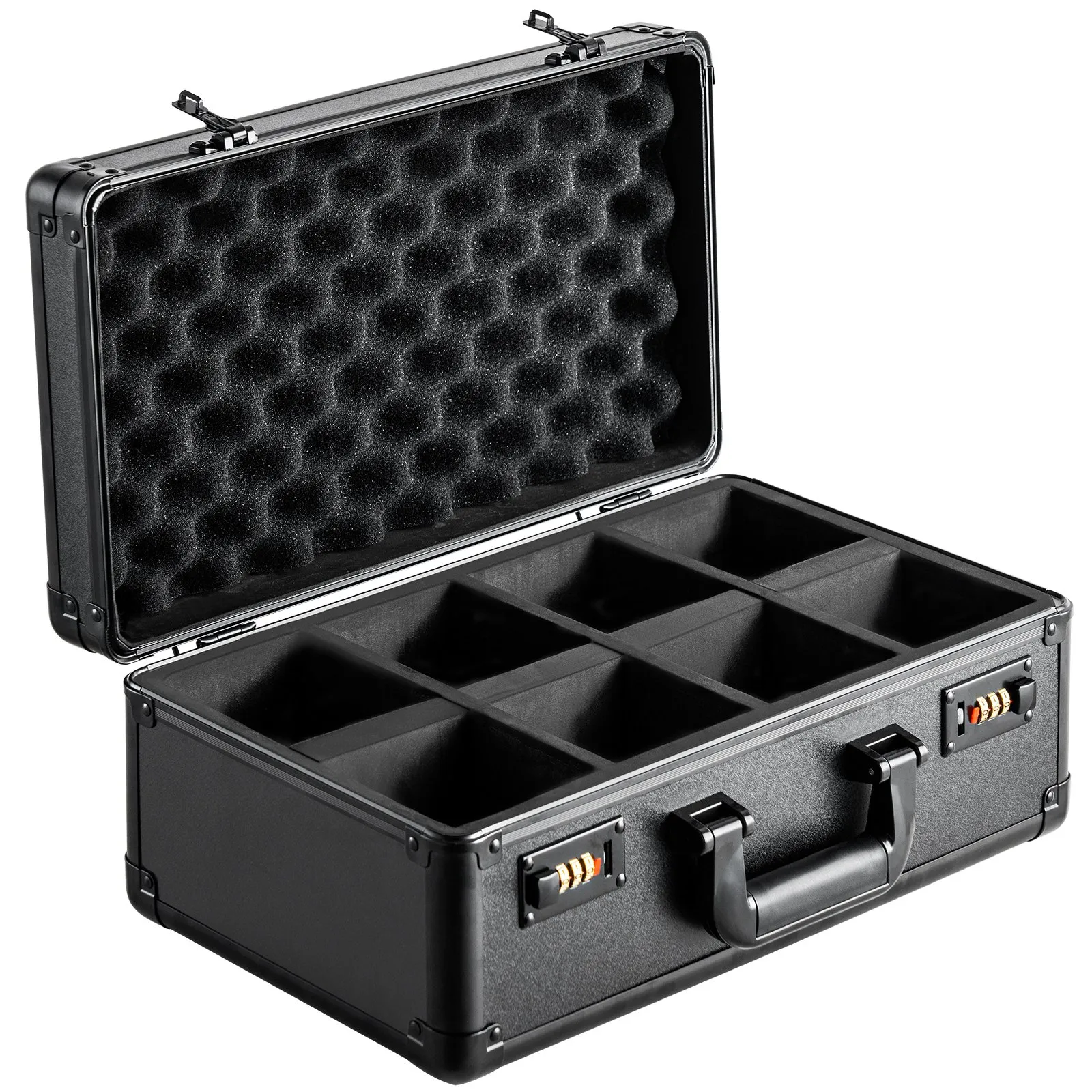 open black VEVOR card storage box with 8 compartments and lockable latches.