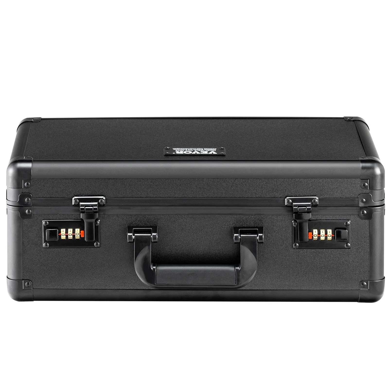 black VEVOR card storage box with dual combination locks and a sturdy handle.