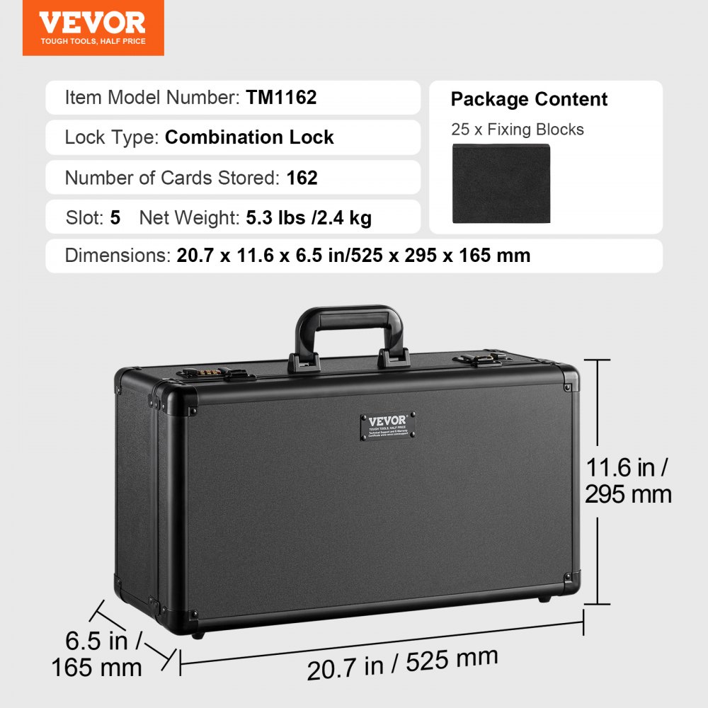 VEVOR Graded Card Storage Box, 5 Slots, Graded Sports Cards Holder Carrying Case with Coded Lock Foam Dividers, for 162 PSA Graded Cards 115 BGS Cards 130 SGC Cards 585 Top Loaders or 999+ Loose Cards