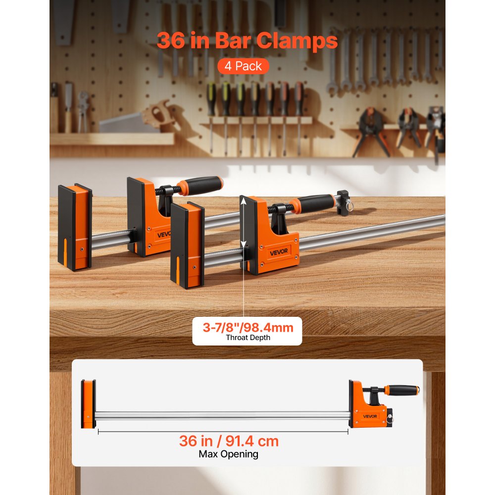VEVOR Bar Clamps for Woodworking, 4-Pack, 91.4 cm Opening F Clamps, 680 kg Load Limit, Clamp/Spreader 2 Modes, Soft Rubber Pads, Ergonomic Handle, Carbon Steel Bar, for Wood Working and Metal Working