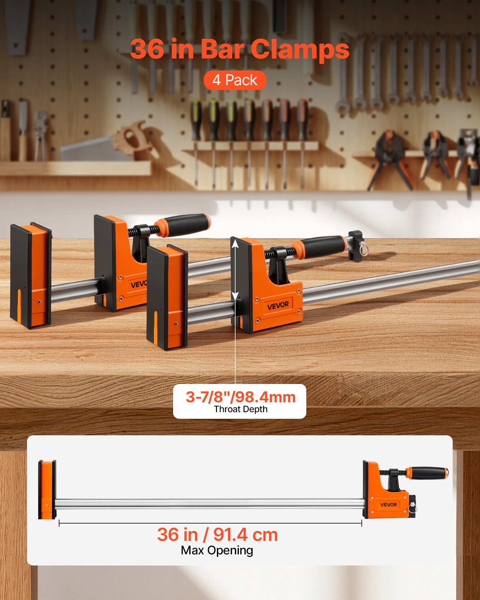 VEVOR Bar Clamps for Woodworking, 4-Pack, 91.4 cm Opening F Clamps, 680 kg Load Limit, Clamp/Spreader 2 Modes, Soft Rubber Pads, Ergonomic Handle, Carbon Steel Bar, for Wood Working and Metal Working