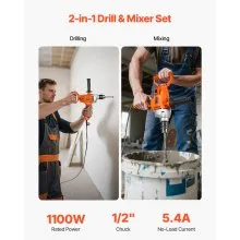 VEVOR Drill Mixer 1100W 0-850RPM Corded Electric Drill Mixer Set Concrete Mixers