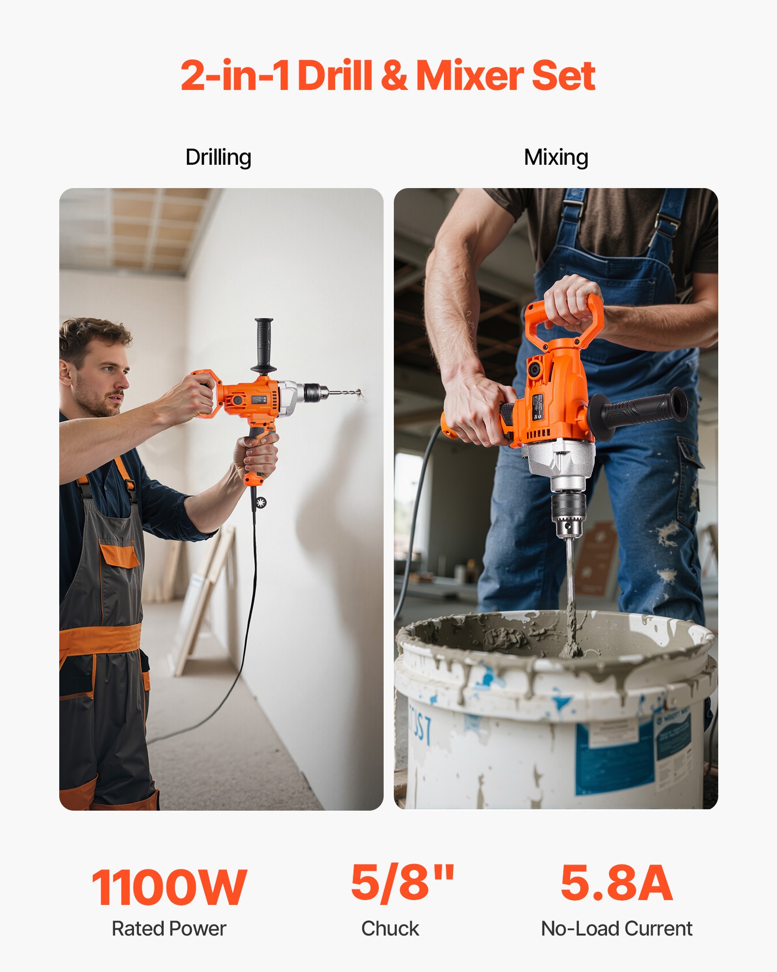 VEVOR Drill Mixer, 15.89mm Corded Electric Drill Mixer Set, 0-850RPM 3.2A Mixing Drills, Mixing Drills Machine with D-Handle for Drilling & Blending, Handheld Cement Mixers for Fodder, Paint, Cement