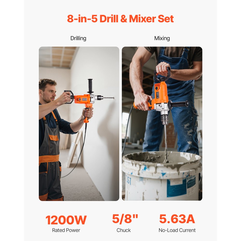 VEVOR Drill Mixer, 15.89mm Corded Electric Drill Mixer Set, 0-750RPM 3A Mixing Drills, Mixing Drills Machine with D-Handle for Drilling & Blending, Handheld Cement Mixers for Fodder, Paint, Cement