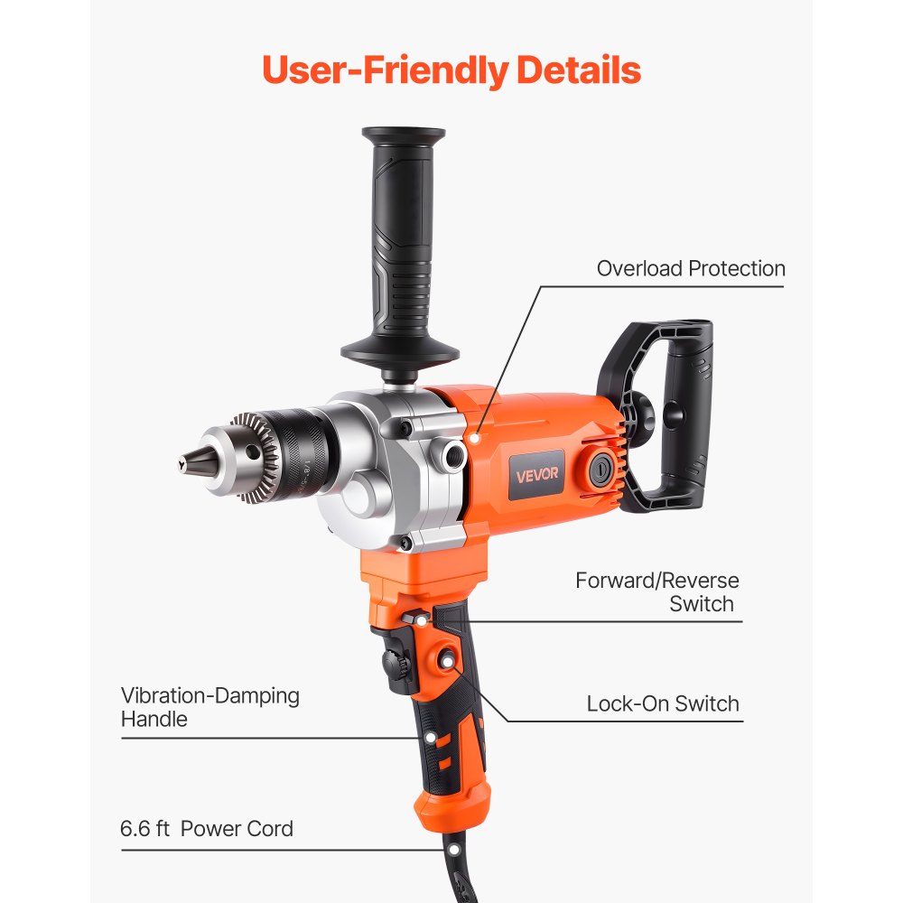 VEVOR Drill Mixer, 15.89mm Corded Electric Drill Mixer Set, 0-750RPM 3A Mixing Drills, Mixing Drills Machine with D-Handle for Drilling & Blending, Handheld Cement Mixers for Fodder, Paint, Cement