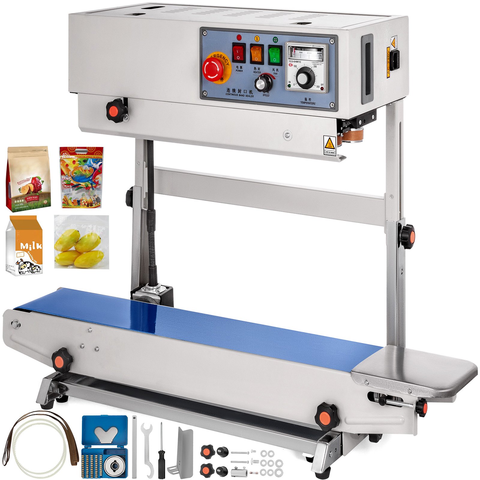 VEVOR FR770 Automatic Continuous Band Sealer 0-16m/min Vertical Sealing Machine 220V Film Plastic Bag Sealer Printing Date Batch NO Stamp Coding