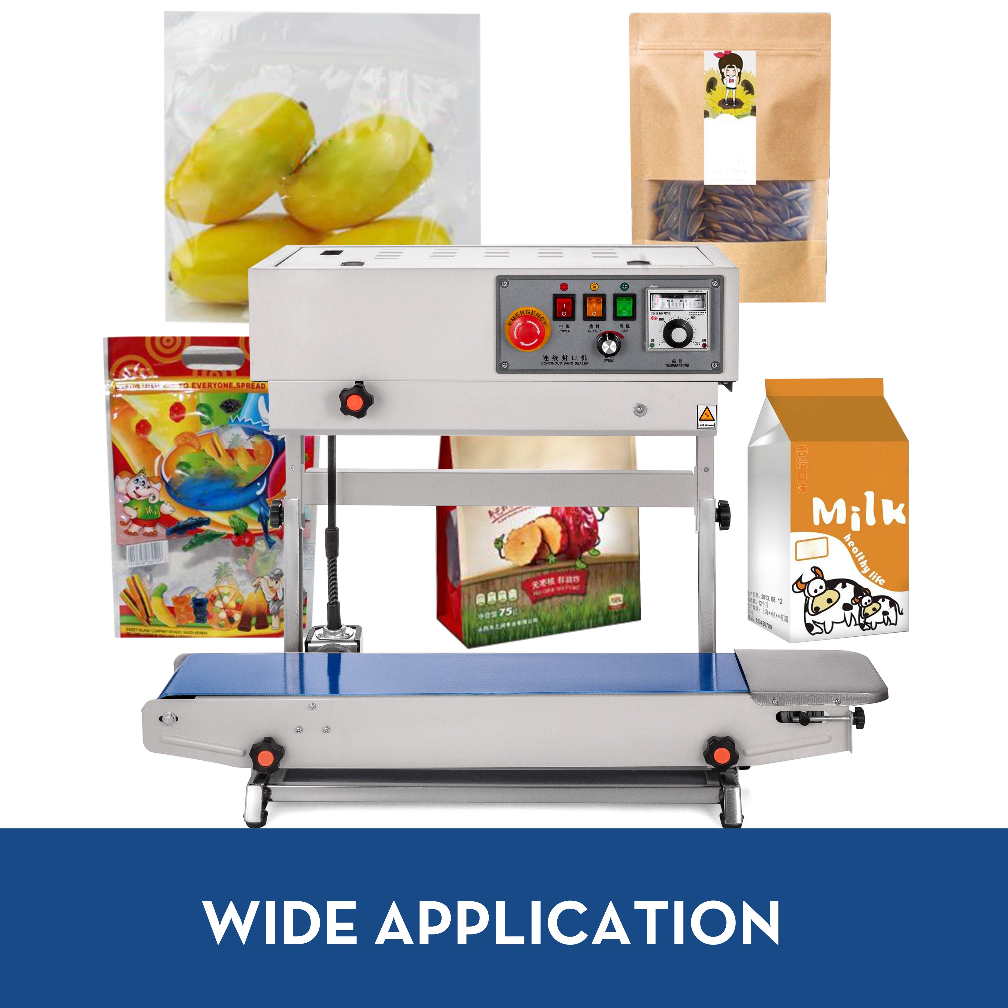 VEVOR FR770 Automatic Continuous Band Sealer 0-16m/min Vertical Sealing Machine 220V Film Plastic Bag Sealer Printing Date Batch NO Stamp Coding