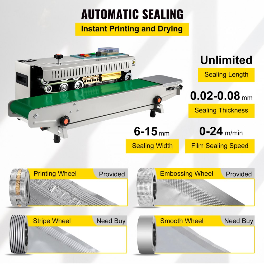 VEVOR band sealer with printing, sealing, and drying options displayed on a green conveyor.