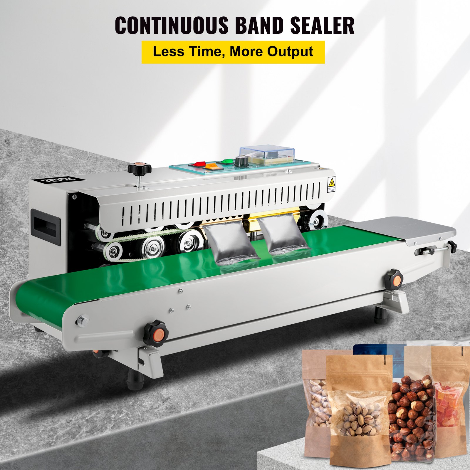 VEVOR band sealer sealing bags on green conveyor belt, with packaged nuts in view.