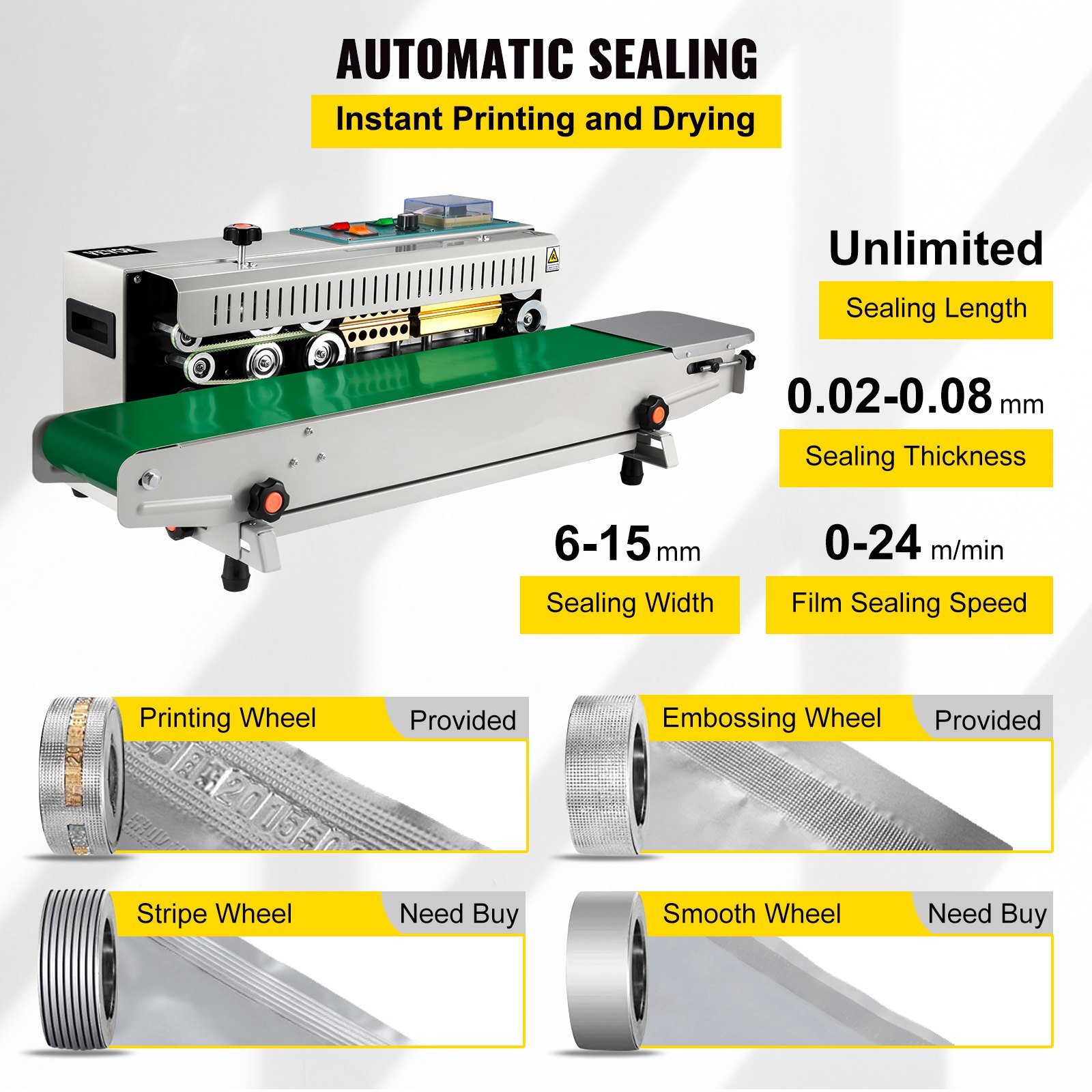 VEVOR band sealer with printing, sealing, and drying options displayed on a green conveyor.