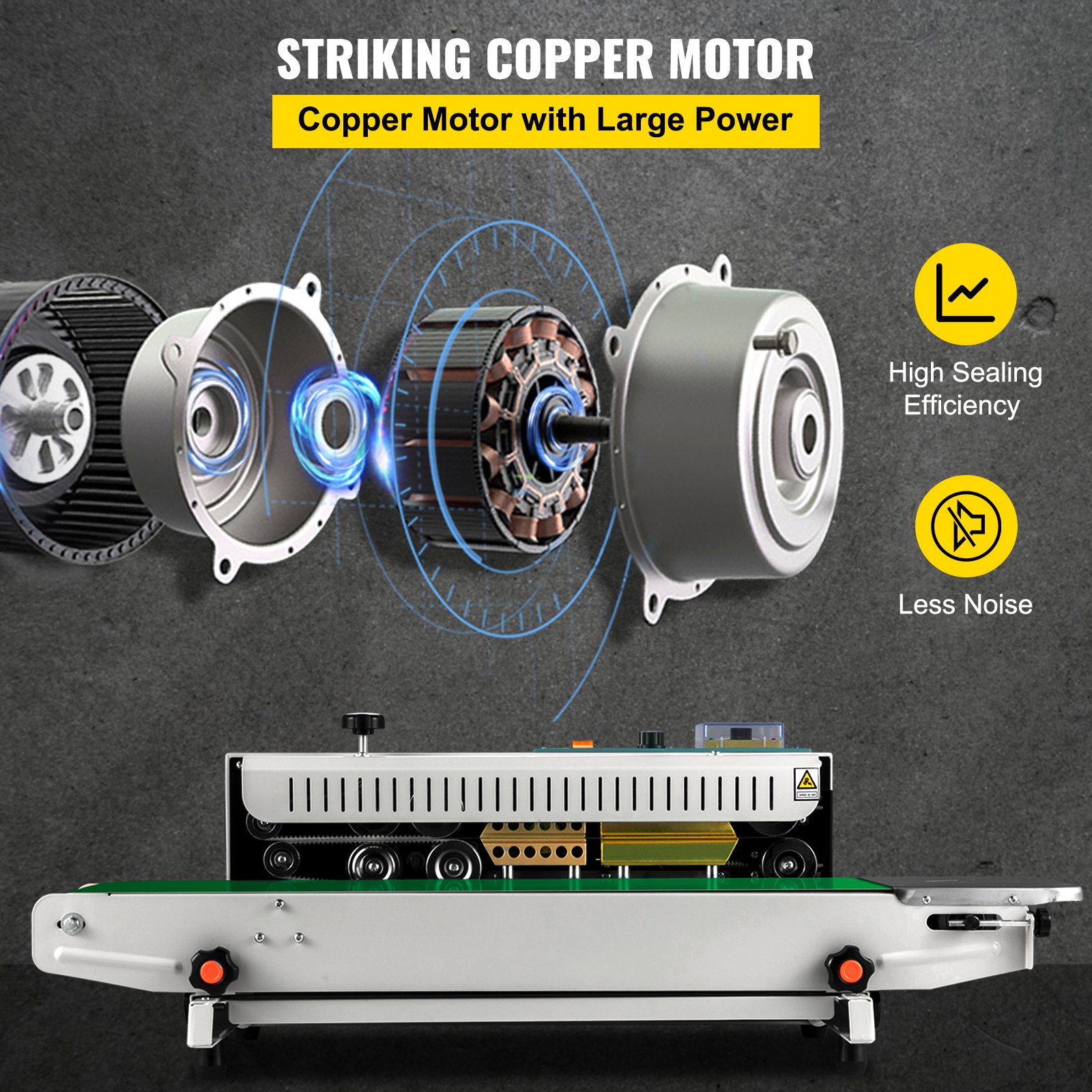 VEVOR band sealer with striking copper motor, high sealing efficiency, and less noise.