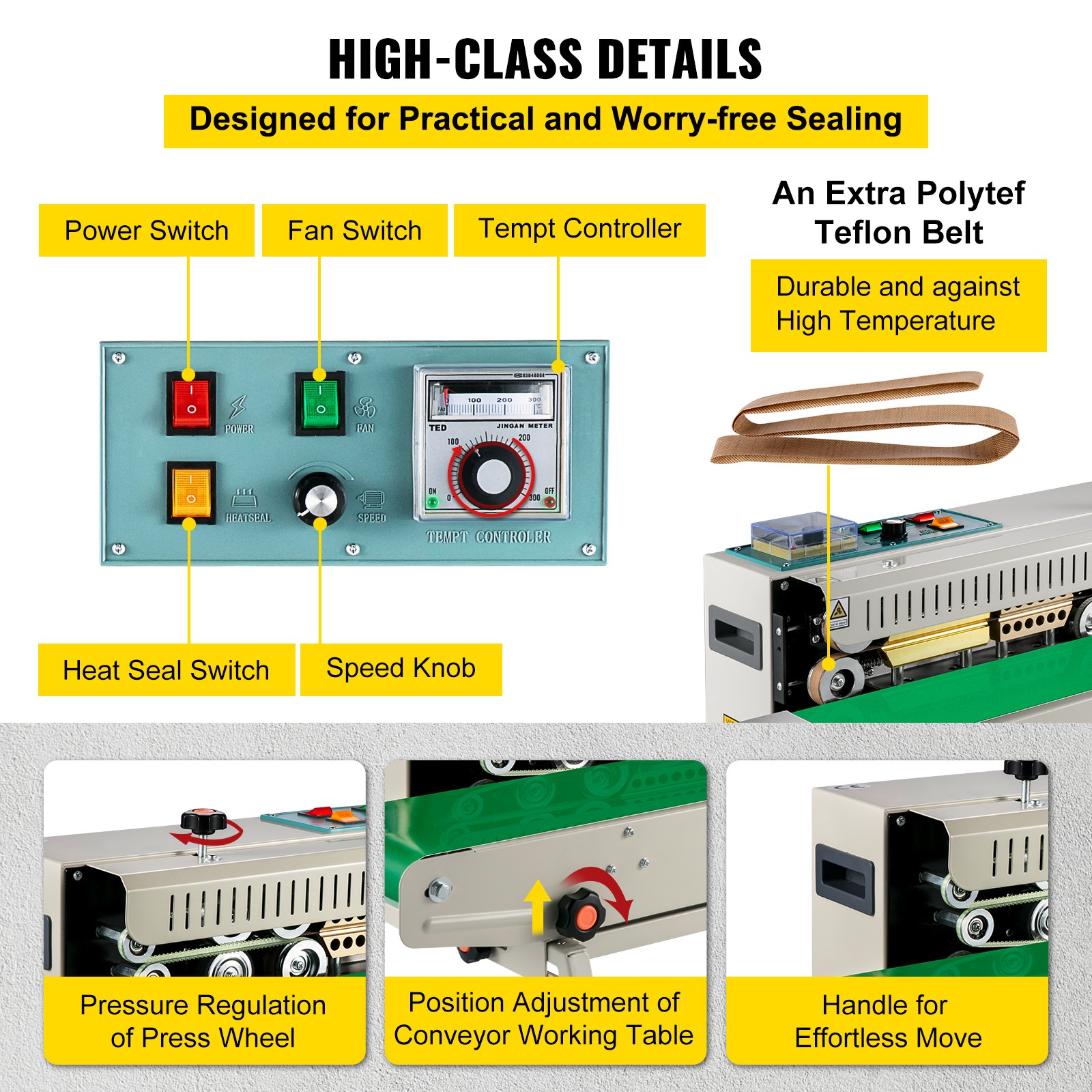 VEVOR band sealer with power switch, temp controller, and extra teflon belt for high-temp use.