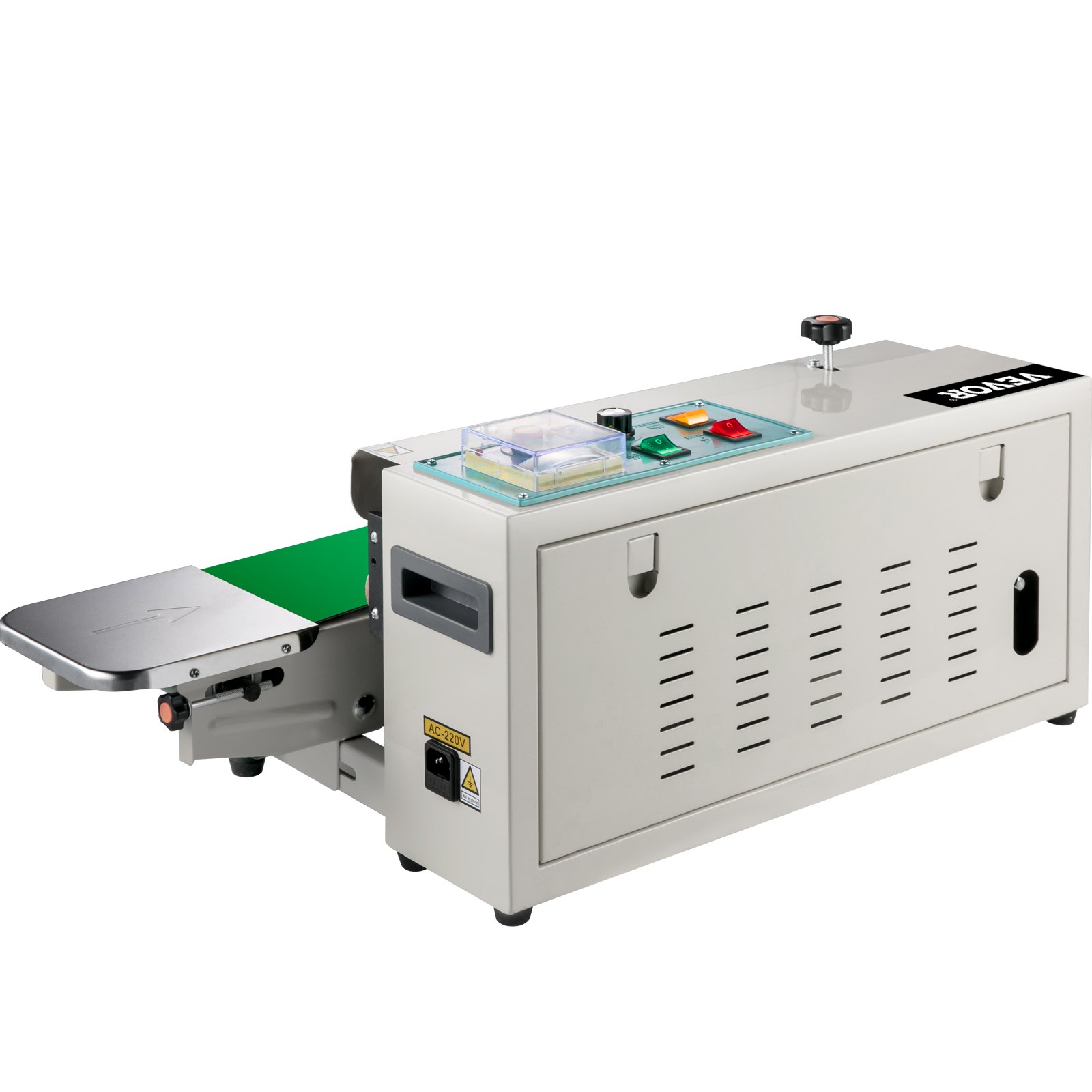 VEVOR band sealer with green conveyor belt and control panel buttons.