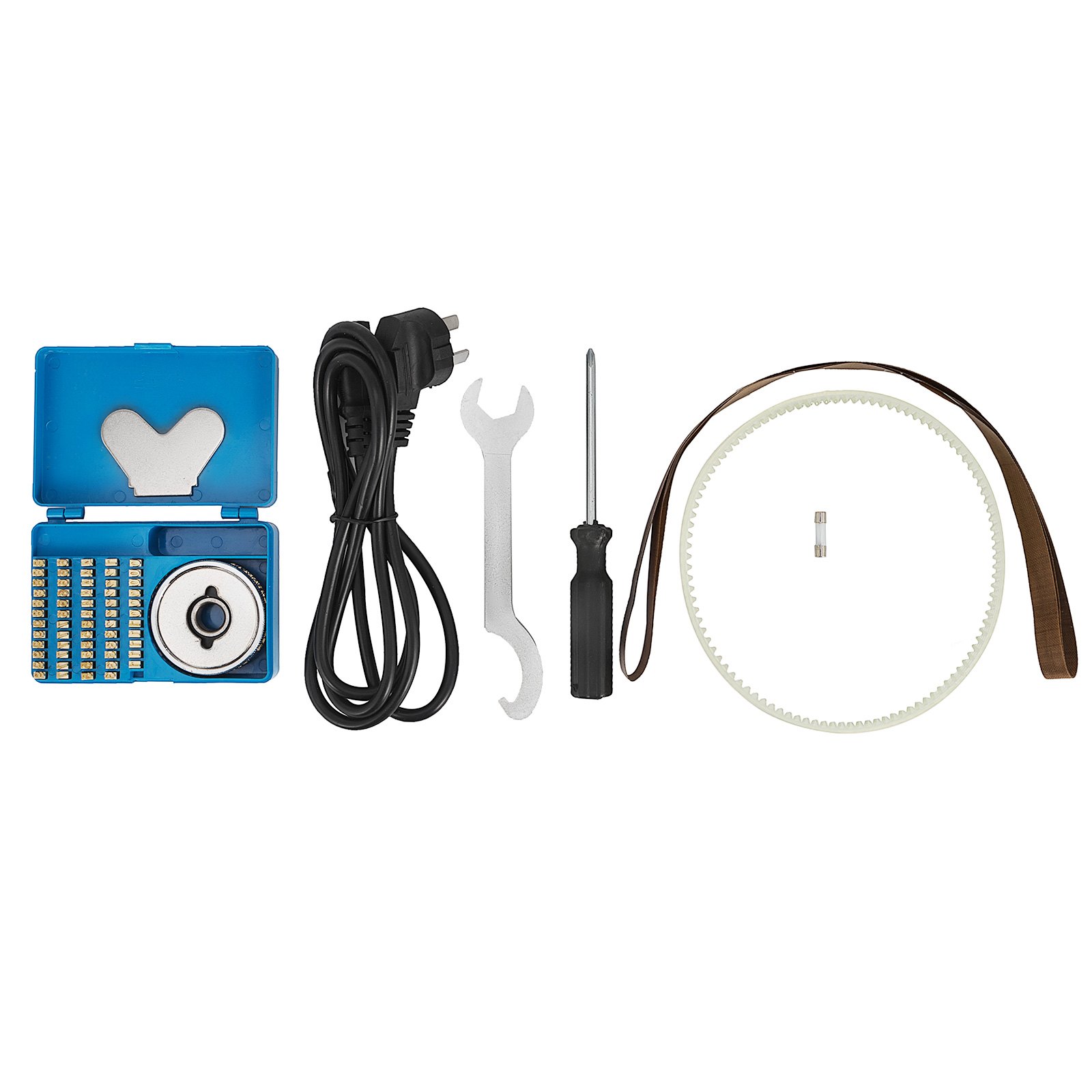 VEVOR band sealer accessories, including power cord, screwdriver, wrench, belts, and blue case.