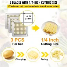 VEVOR Replacement Chopper Blade, 1/4 inch, 3 PCS French Fry Blade Assembly with 6 Extra Knives, Stainless Steel Dicer Parts and Push Block for Cutting Potatoes Carrots Onions Cucumbers Mushrooms