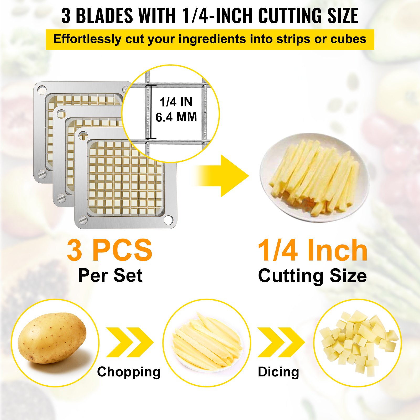 VEVOR Replacement Chopper Blade, 1/4 inch, 3 PCS French Fry Blade Assembly with 6 Extra Knives, Stainless Steel Dicer Parts and Push Block for Cutting Potatoes Carrots Onions Cucumbers Mushrooms