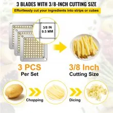 VEVOR Replacement Chopper Blade, 3/8 inch, 3 PCS French Fry Blade Assembly with 6 Extra Knives, Stainless Steel Dicer Parts and Push Block for Cutting Potatoes Carrots Onions Cucumbers Mushrooms