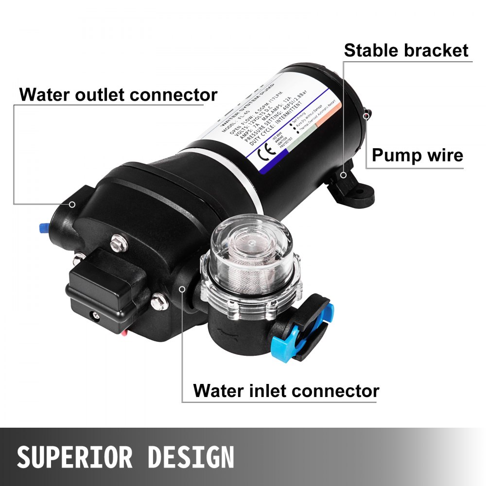 VEVOR Water Pressure Diaphragm Pump, 12V FL-40 High Pressure Diaphragm Water Pump, 2.7 bar(40PSI) Automatic Self Priming Water Pump, 17L/MIN Misting Booster Sprayer Diaphragm Pump for Caravan Boat RV Garden