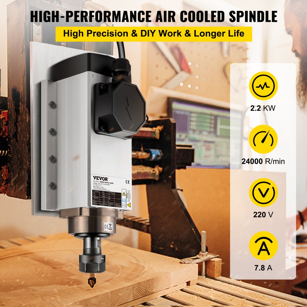 VEVOR Luftkjølt Spindelmotor 2,2KW CNC Spindelmotor 220V Firkantet Luftkjølt Spindelmotor ER20 Spenntang 24000 RPM CNC Spindel 6A Spindelmotor 400 Hz for CNC Ruter Graveringsfresemaskin