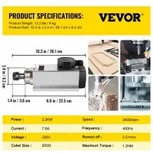 VEVOR Air Cooled Spindle Motor 2.2KW CNC Spindle Motor 220V Square Air Cooled Spindle Motor ER20 Collet 24000 RPM CNC Spindle 5A Spindle Motor 400 Hz for CNC Router Engraving Milling Grind Machine
