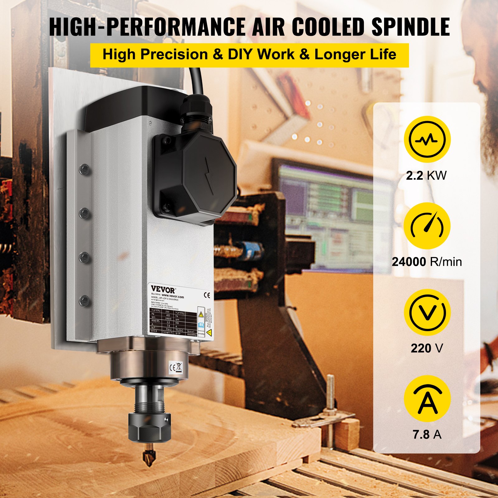 VEVOR Luftkjølt Spindelmotor 2,2KW CNC Spindelmotor 220V Firkantet Luftkjølt Spindelmotor ER20 Spenntang 24000 RPM CNC Spindel 6A Spindelmotor 400 Hz for CNC Ruter Graveringsfresemaskin