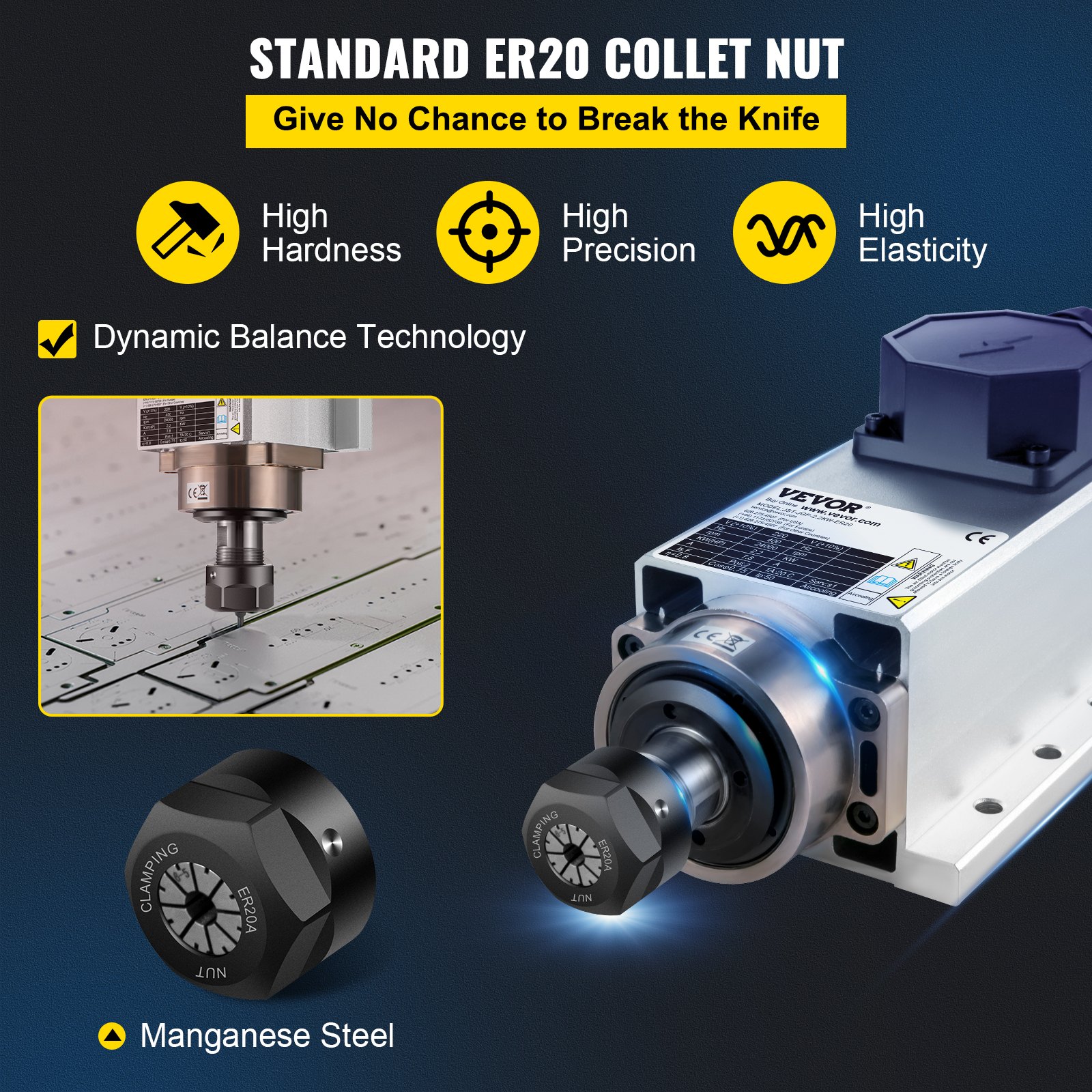 VEVOR Luftkjølt Spindelmotor 2,2KW CNC Spindelmotor 220V Firkantet Luftkjølt Spindelmotor ER20 Spenntang 24000 RPM CNC Spindel 6A Spindelmotor 400 Hz for CNC Ruter Graveringsfresemaskin