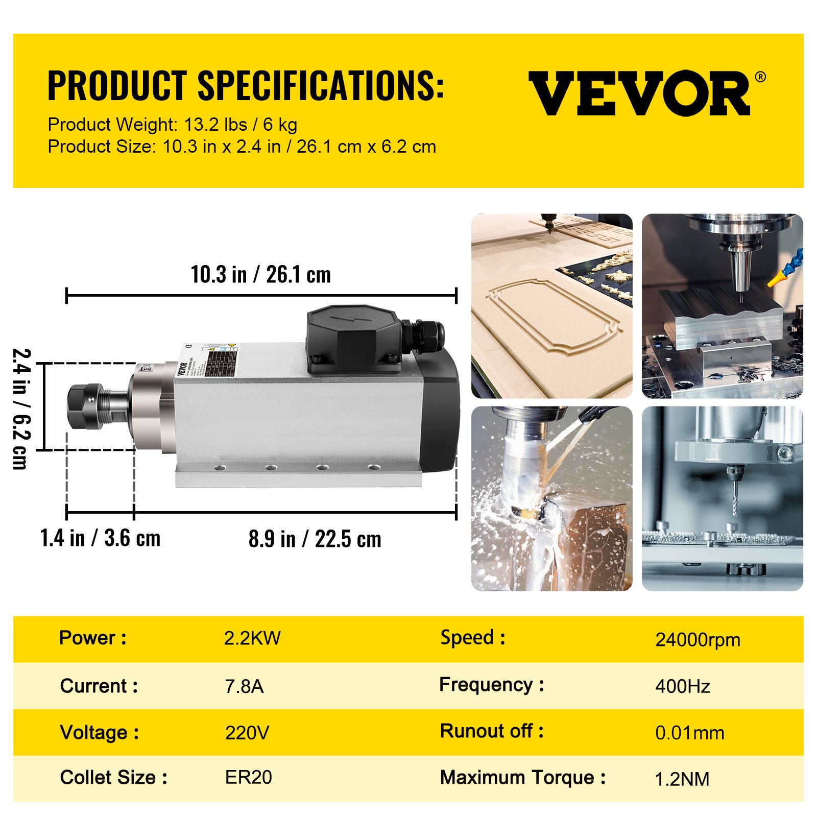 VEVOR Luftkjølt Spindelmotor 2,2KW CNC Spindelmotor 220V Firkantet Luftkjølt Spindelmotor ER20 Spenntang 24000 RPM CNC Spindel 6A Spindelmotor 400 Hz for CNC Ruter Graveringsfresemaskin